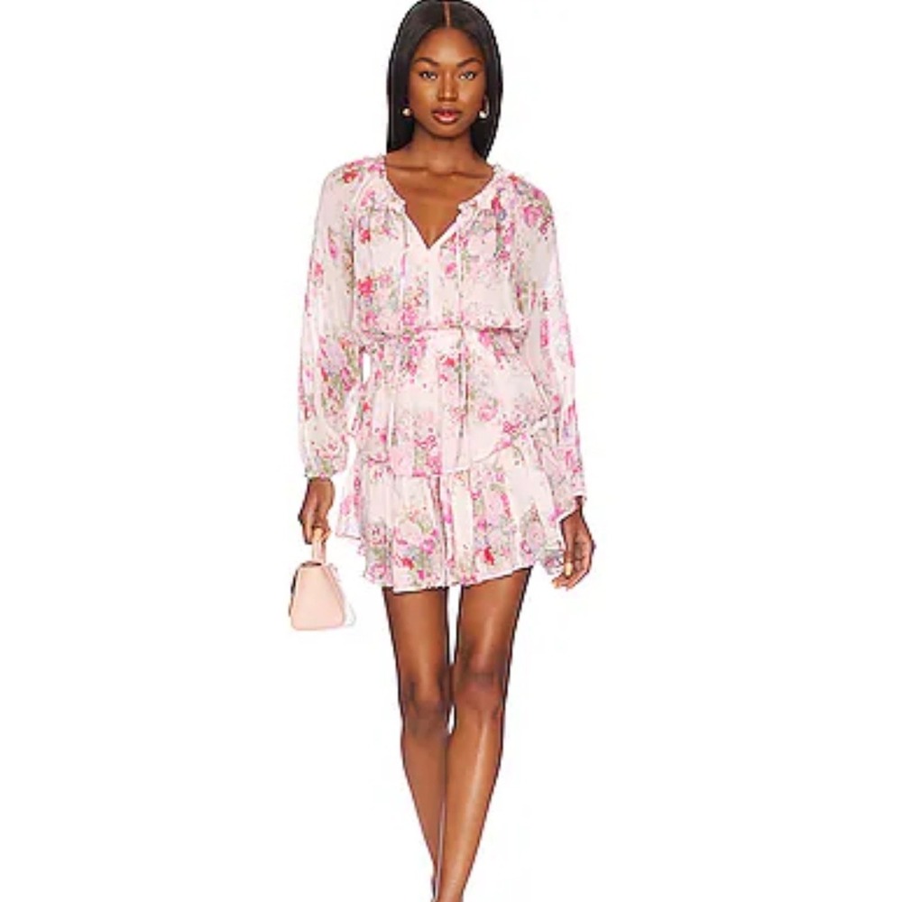 LoveShackFancy Pink Popover Floral Tiered Ruffle Mini Dress Sz XS Fairy Boho